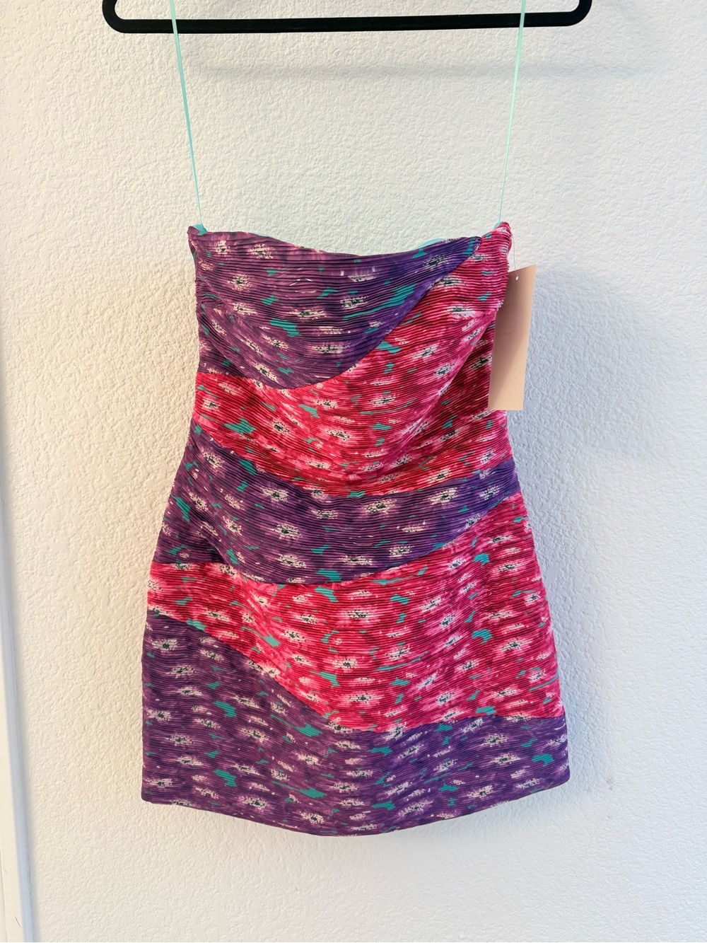 AMUR Strapless Mini Dress in Pink, Purple & Teal